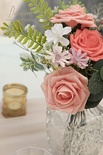 Floroom Artificial Flowers 25pcs Real Looking Coral Ombre Colors Foam Fake Roses with Stems for DIY Wedding Bouquets Bridal Shower Centerpieces Floral Arrangements Party Tables Home Decorations - color: Shades of Coral