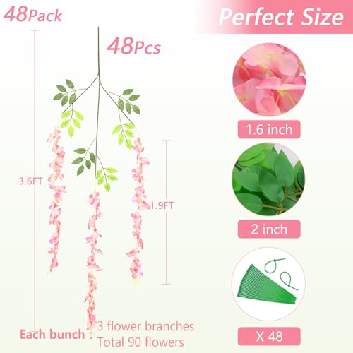 48Pcs Artificial Wisteria Hanging Flowers, 3.6Ft/Pcs Deep Pink Fake Wisteria Garland for Wedding Party Home Garden Indoor Outdoor Decoration - color: Deep Pink, size: 48Pcs