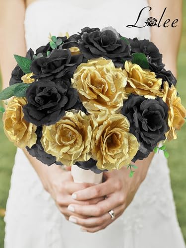 LELEE 108pcs Black Gold Roses Head Flowers with Long Stem - Bridal Artificial Flowers Rose Bulk - Silk Gold Black Rose Fake Flower for Wedding Bouquet Balls Arrangement Table Centerpieces Party Decor - color: Black-gold