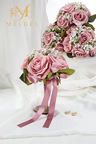 Bridesmaid Bouquets - Set of 4, 6.5 Inch Small Bridesmaid Bouquet Set - Artificial Rose Wedding Flowers - Floral Centerpieces - color: 18020-bean-paste-purple-4pcs