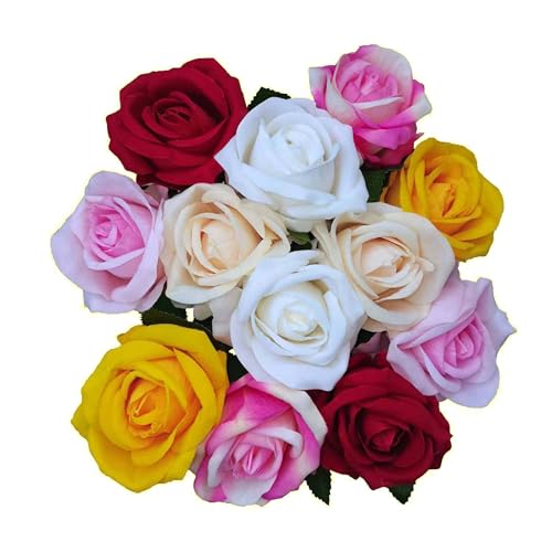 12PCS Artificial Realistic Silk Fake 6-Colored Roses Long Stem | 6 Colors Mixed Roses For Wedding Decoration, Party Table Decoration, Valentines Mother's Day - color: 2 Rose Red /2 Red/2 Pink/2 White/2 Champagne/2 Yellow