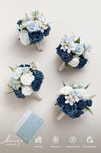 Ling's moment Artificial Bridesmaid Bouquets Set of 4,Navy Blue Wedding Flower Bouquets White Rose Floral Bouquet Bridal Bouquets with Ribbon Ceremony Anniversary,7-inch Diameter - color: Blu-white Blue & Navy