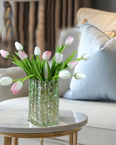12pcs Tulips Artificial Flowers Real Touch Silk Faux Flowers Tulip Stems for Wedding Spring Bouquet Floral Arrangement Home Party Office Decorations (White & Pink) - color: White & Pink