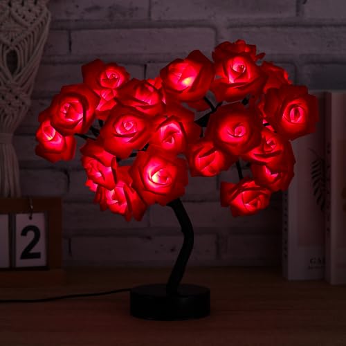Drawelry Rose Flower Tree Lamp - LED Rose Tree Table Lamp USB/Battery Powered Artificial Bonsai Flower Night Light for Bedroom Living Room Party Wedding Valentines Mothers Day Decor (Red) - color: Red