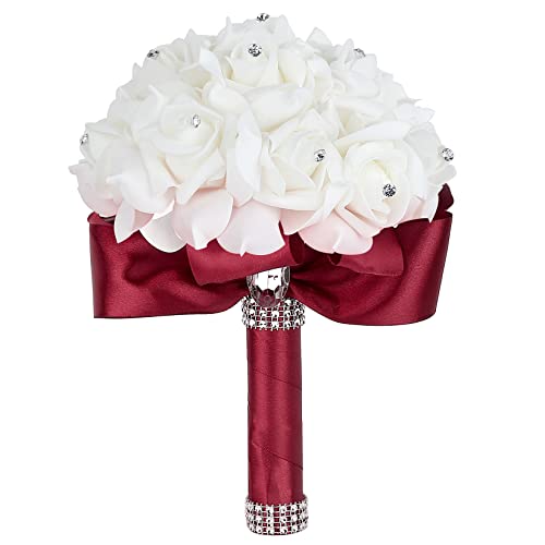 Burgundy Wedding Bouquet for Bride Bridesmaid Toss Bouquet Crystals Silk Rose Bridal Bouquet for Wedding Party (Burgundy White) - color: Burgundy +White