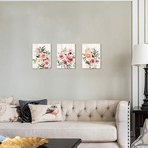 Pink Flower Home Decor Bathroom Wall Art Canvas Framed Wall Art for Girls Bedroom Bathroom Pictures Wood Grain Kitchen Modern Wall Decor Colorful Artwork for Walls Decoration Size 12x16 Each Panel