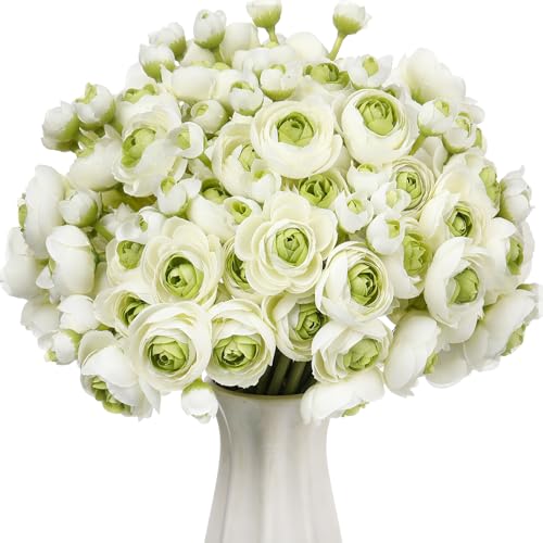 Giegxin 48 Pcs Ranunculus Artificial Flower,Real To Lifelike Peonies Artificial Flower Silk Faux DIY Bouquet for Wedding Bridal Shower Valentine Centerpieces Arrangements Home Decorations(White,Green) - color: White,green