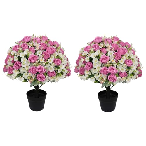 24" Artificial Potted Flowers for Outdoors Set of 2 - UV Resistant Faux Fuchsia Silk Peonies with Eucalyptus Plants in Cement Pots for Outside Front Porch Home Indoor Decor - color: Fuchsia, size: 24" Classic Peony