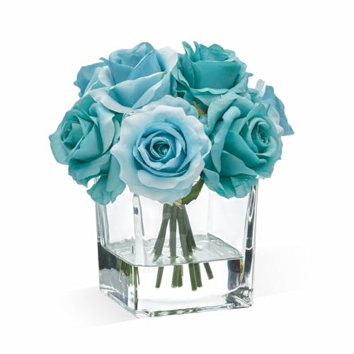 WELL KNOWN Rose Artificial Flowers in Vase with Faux Water, Silk Rose Table Centerpieces for Home Coffee Table Decor, Fake Roses Flower Arrangements for Office Hotel Lavatory Decor (Teal Blue) - color: Teal Blue