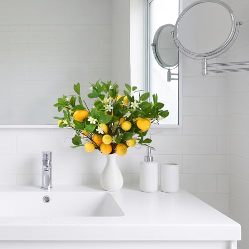 4 Pack Artificial Lemon Branches 8 Heads Per Stem Faux Lemons with Leaves Kitchen Table Centerpiece Decor Fake Lemon Tree for Vases Farmhouse Party Summer Home Yellow Decorations