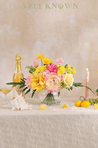 WELL KNOWN Artificial Flowers Centerpieces in Glass Vase with Fake Water, Yellow & Hot Pink Silk Rose Peony & Fake Tulips Bouquet for Birthday Party Wedding Dining Table Office Decor & Mom's Gift - color: Yellow & Hot Pink Plus