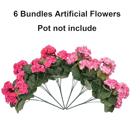 Fake Geraniums Artificial Flowers for Outdoors, 6 Bundles Silk Geraniums Flowers Realistic UV Resistant Fake Plants Faux Flowers for Outside Planters Front Door Garden Balcony Yard Porch Indoor, Mix - color: 3 Pink, 3 Hotpink