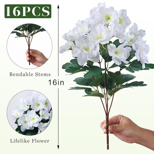 16 Bundles Artificial Flowers for Front Door, Fake Silk Azalea Bouquet Silk Flowers for Outside UV Resistant Realistic Faux Plants for Planter Farmhouse Patio Garden Walkways Home Decor (White) - color: White