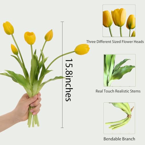15 pcs Yellow Tulips Artificial Flowers Faux Tulips Real Touch Latex Fake Flower Bouquet for Spring Wedding Home Décor Centerpiece Arrangements - color: Yellow