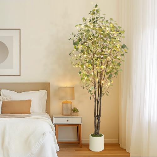 GarveeHome Artificial Eucalyptus Tree, 7 ft Tall Fake Artificial Plant with White Planter，Large Faux Floor Plant Fake Silk Trees Artificial Trees for Home Decor Indoor - size: 7ft
