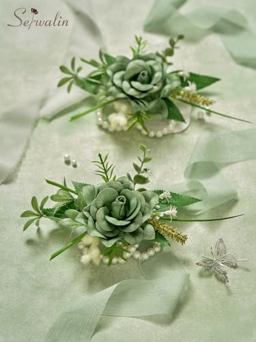 Serwalin 2 Pcs Wrist Corsage, 6-7 Inch Green Corsage for Wedding, Bridesmaid Mother Grandmother, Artificial Flowers for Prom Ceremony Anniversary - color: Green, size: Corsage-2pcs
