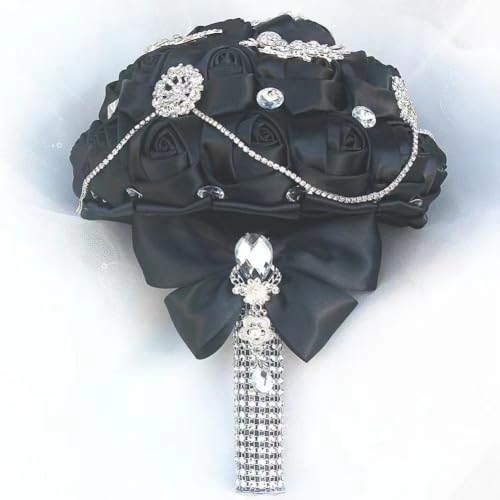 Black Wedding Bridal Bouquet with Bling Brooch Rhinestone String Cascade Bouquet for Bride Bridesmaid Quinceanera Satin Rose Flower Bouquet Wedding Black 8.3in - color: ['Black #2'], size: Diameter: 8.3 inches