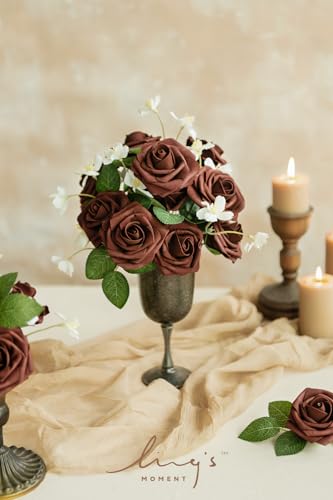 Ling's moment Artificial Flowers 25Pcs Walnut Brown Roses Decor w/Stems,3" DIY Foam Floral for Wedding Bouquet/Centerpieces, Outdoors Party Backdrop, Room/Table, and Garden/Pot Decorations - color: Brn- Walnut Brown, size: 25Pcs