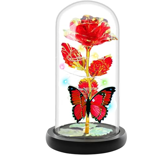 Mothers Day Rose Flower Gifts for Mom, Birthday Gifts for Women, Galaxy Crystal Light Up Rose Flowers in A Glass Dome, Mother Day Presents Wife Grandma Sister Her Mom from Daughter Butterfly Red - color: A-red