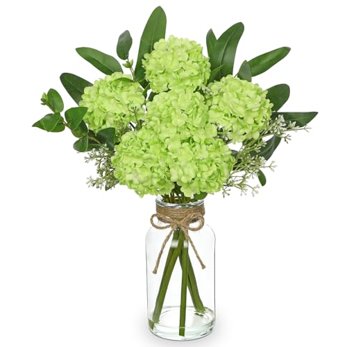 Hollyone Green Hydrangea Artificial Flowers in Clear Glass Vase with Faux Water Silk Hydrangeas Fake Flowers Floral Arrangement for Home Bathroom Kitchen Office Table Centerpiece Shelf Decorations - color: Green
