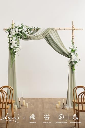 Ling's moment Wedding Arch Flowers with Drapes Kit-Pack of 5, 2pcs Flower Arrangements 3pcs Sheer Hanging Drapes White Ceremony Arbor Backdrop Artificial Rose Floral Decorations, White Green - color: Wht-white Green