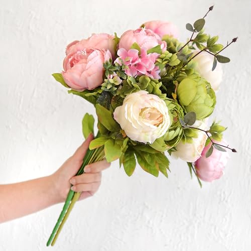 FiveSeasonStuff Artificial Peony Bouquet, Pink, Beige & Green Silk Flowers for Wedding Centerpieces, Bridal Bouquets & Home Decor – Spring Waltz - color: Pink Beige Green