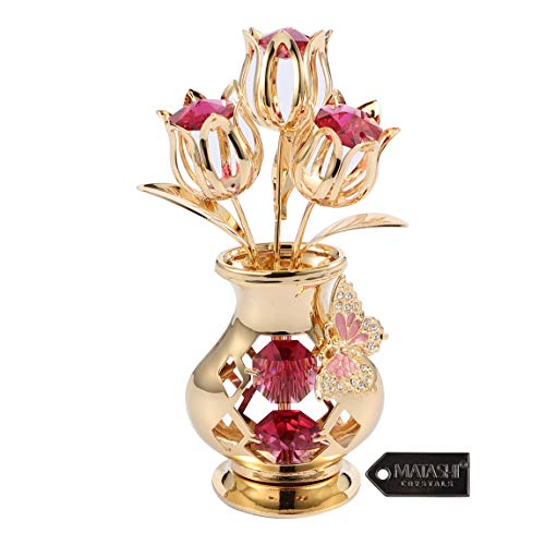 Matashi Crystal Studded 24K Gold Plated Tulip Bouquet in Butterfly Vase – Unique Crystal Flower Figurine for Women, Anniversary, Birthday, and Home Decor Centerpiece - color: Gold,red