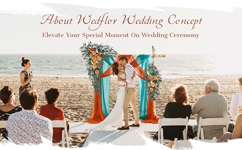 Wedding Arch Flowers with Drapes Kit (Pack of 4) - 2pcs Artificial Teal Orange Fall Deluxe Swag with 2pcs Sheer Drapes for Wedding Ceremony Arbor Reception Backdrop Rose Floral Decoration - color: Teal & Burnt Orange