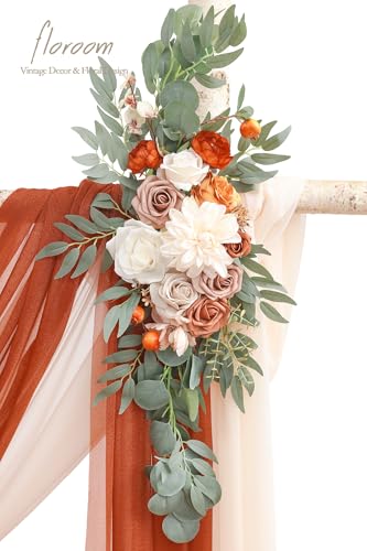Floroom Arch Flowers with Drapes Kit (Pack of 4) - 2pcs Artificial Terracotta & Cream Floral Swag Arrangement with 2pcs Draping Fabric for Wedding Ceremony Arbor and Reception Backdrop Decoration - color: Terracotta & Cream