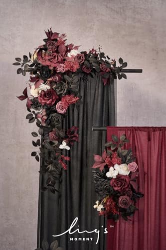 Ling's moment Black Red Artificial Wedding Arch Flowers Kit Pack of 4, 2pcs Hanging Flower Arrangement 2pcs Chiffon Drapes Ceremony Reception Fake Rose Arbor Backdrop Floral Party Outdoor Decorations - color: Blk-black & Burgundy