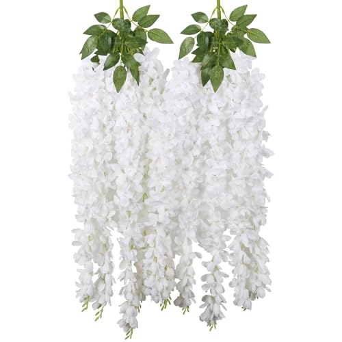 2PCS White Wisteria Hanging Flowers, 2.95ft Wisteria Garland with 5 Branches Realistic Silk Hanging Flowers for Decoration, Wedding Arch, Party Backdrop, and Home Wall Decor - color: White