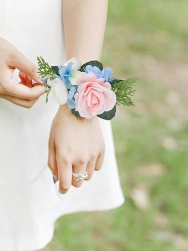 Rinlong 2Pcs Pink Blue Wrist Corsage for Wedding, Prom, Homecoming | Bridesmaid, Mother of the Bride Corsage - color: 11-blue & Blush