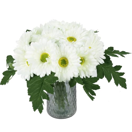 IPOPU 2 Bundles Artificial Gerbera Daisy Flower 14 Heads White Fake Chrysanthemums with Stems Faux Silk Daisy Flower for Wedding Bridal Bouquet Floral Arrangements Home Table Centerpiece Decor (White) - color: White