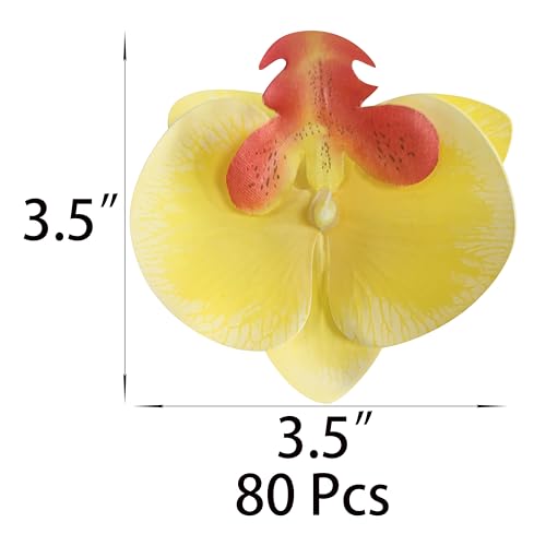 Fake Yellow Orchids Artificial Flowers Heads, 3.5''Fake Orchid Heads for Wedding Floral Bouquet Decor DIY Craft Making Bridal Shower Photography Props (80, Yellow) - color: Yellow