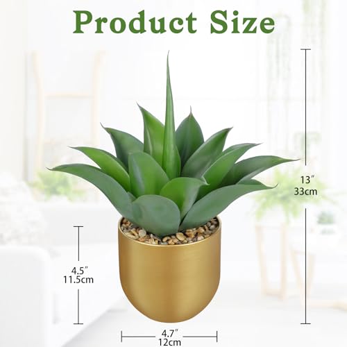 Briful Artificial Agave Plant in Gold Metal Pot, 13 Inch Tall Faux Succulent with Gray-Green Wide Leaves, Realistic Decorative Fake Plants for Home, Office, Shelf, Tabletop Decor - color: Aloe Vera Gold Vase