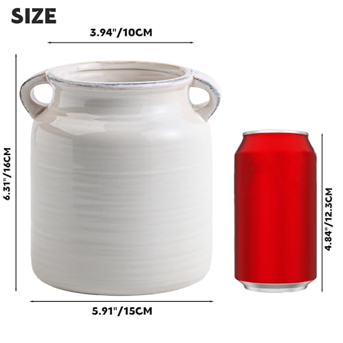 Ceramic Rustic Distressed White Flower Vase for Centerpieces, Kitchen, Office or Living Room (5.9''x6.3”) - color: White, size: 5.9''x 6.3”
