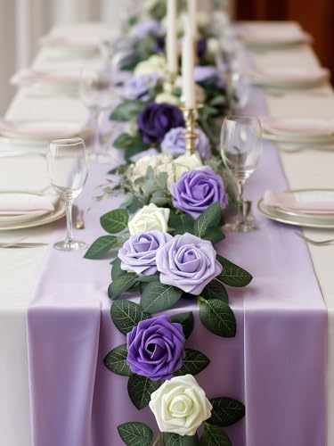 InnoGear Artificial Flowers, 50 Pcs Shades of Purple Foam Fake Roses Bulk with Stems for Decoration Celebration DIY Wedding Bouquets Centerpieces Bridal Shower Party Christmas Tree - color: Shades of Purple
