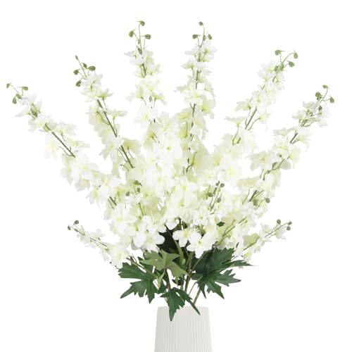 6Pcs White Delphinium Artificial Flowers 37.4’’ Long Stem Larkspur Artificial Flowers Faux Silk Flowers for Tall Vase Table Centerpiece Home Wedding Party Garden Decor(White) - color: White