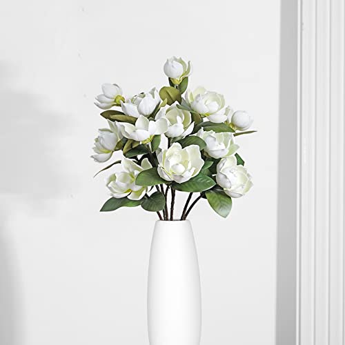 LIUCOGXI 4 Pcs Vintage 12 Heads Artificial Magnolia Flower Foam Long Stem Flower Bouquet with Green Leaves Arrangement for Home Living Room Wedding Bridal Bouquet Bedroom Floor Vase Decoration - color: 4 Pcs White Magnolia
