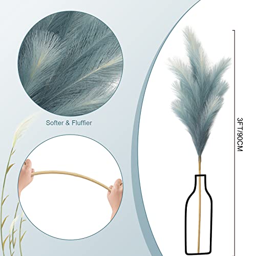 KALYLOC 6Pcs Colorful Faux Pampas Grass, Fluffy Artificial Bulrush Branches Boho Decor, Filler Tall Pampas Grass Reed Fluffy Stems for Living Room Wedding Decoration (Blue)