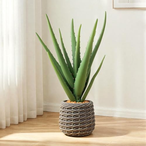 1.5ft Artificial Agave Plants, 18" Fake Aloe Vera Plant with 13 Leaves in Brown Pot, Large Faux Floor Plant for Home Office Hotel Bedroom Patio Balcony or Garden Indoor Decor - size: 18"