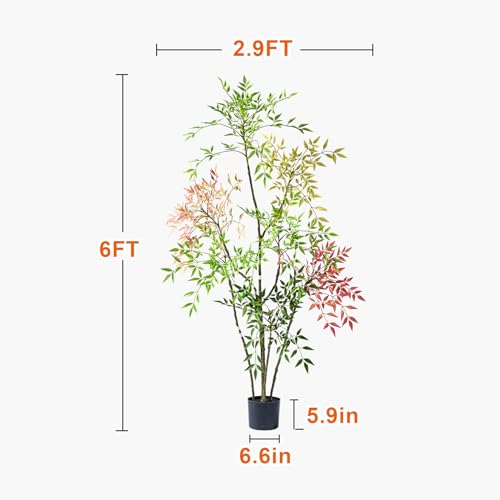 6ft Faux Bamboo Tree Artificial Nandina Tree Artificial Indoor Plants Realistic Fake Potted Tree with 800+ Leaves, Cement Planter - Home Office Decor Perfect for Housewarming Gift Non-Toxic - color: Mixcolor, size: 6ft