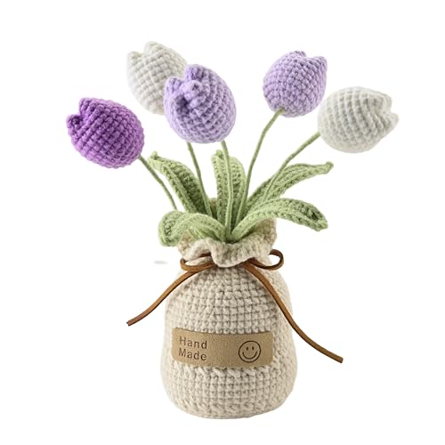 Crochet Woven Tulips with Wool,Simulation Plant Crochet Hand-Woven Flowers for Home Room Table Office Ornaments and Birthday Gifts for Family Friends Anniversary (5 Flowers-Purple) - color: Purple B, size: B