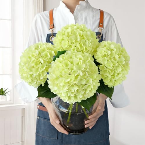 JINWOE Light Green Hydrangea Artificial Flowers, 4Pcs 22" Large Lifelike Faux Silk Flowers, Full Artificial Hydrangeas for Bouquet Table Centerpieces Indoor Spring Outdoor Home - color: Green