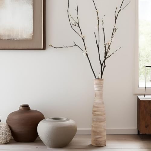 ALMA 16" Tall Floor Vase for Pampas Grass,White Brown Ceramic Centerpiece for Dresser, Skinny Pampas Grass Vessel for Floor, Entryway Table, Fireplace Decor - color: Bow-white-16"