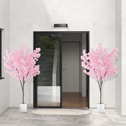 Goplus 6.5FT Artificial Cherry Blossom Tree, Pink Fake Flower Tree, Faux Floral Plant Blooming Tree in Cement Pot, Tall Potted Artificial Tree for Indoor Outdoor Office Home Porch Decor