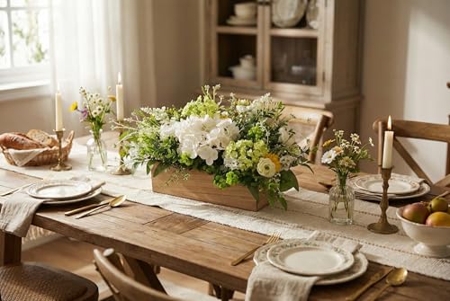 Spring Summer Centerpiece for Table, 18" L Lifelike Artificial Flowers in Rustic Whitewashed Rectangular Wood Box, Lush Spring Faux Floral Arrangement Farmhouse Mantel Shelf Kitchen Island Decor