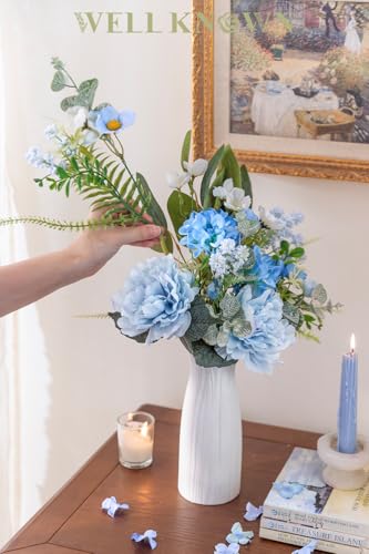 WELL KNOWN Artificial Flower Bouquet, Spring Blue Fake Flowers for Vase, Silk Faux Flowers DIY Table Centerpieces for Wedding, Dining Room, Graduation, Babyshower, Farmhouse Decor & Gift (Blue) - color: Spring Blue