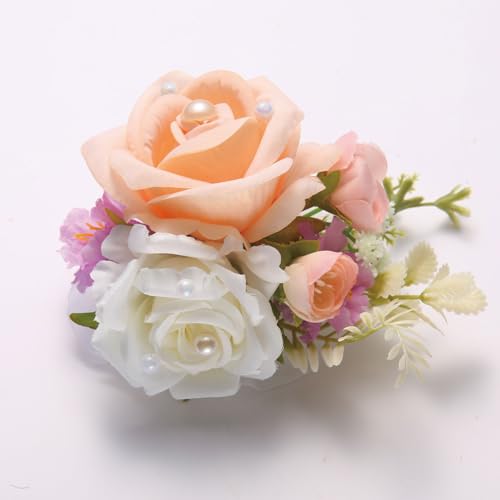 2Pcs Champagne Wrist Corsage, Artificial Rose Corsage Wristlet Bracelet for Wedding Prom Bridesmaid Bride Flower Girl Party. - color: Champagne, 2pcs Wrist Corsage