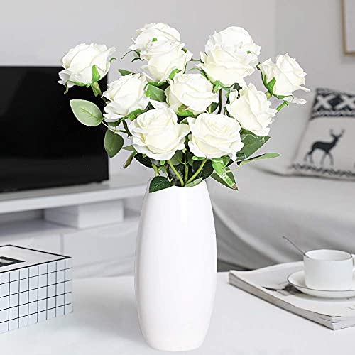 Veryhome Artificial Flowers Silk Roses Fake Bridal Wedding Bouquet for Home Garden Party Floral Decor 10 Pcs (White Curved stem) - color: Blooming Rose - White
